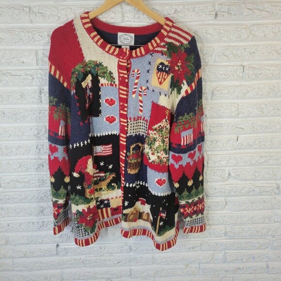Christmas Stitches In Time Womens Sweater 1X Cardigan Chunky Sequin SWE112E - Picture 1 of 9